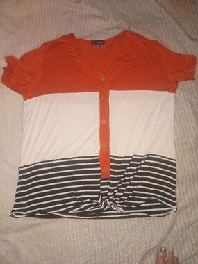 💰4/$15 DEAL! Colorblock Button-Front Tunic Top - Orange, White & Black Stripes